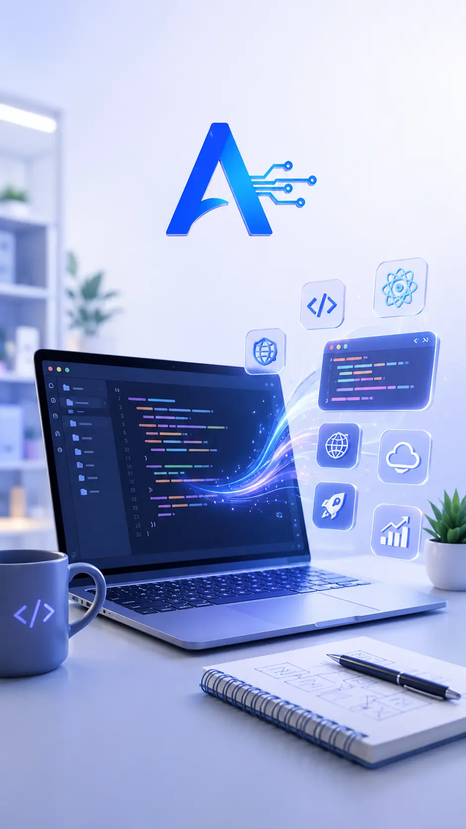 Developer coding on laptop with AI autocomplete suggestions