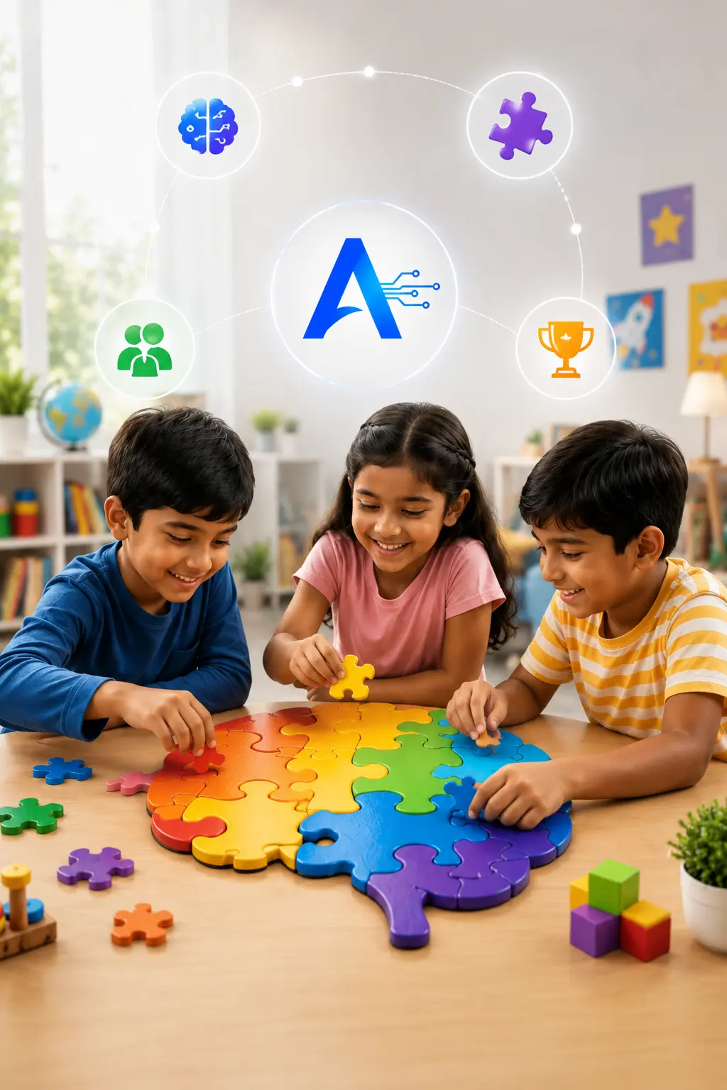 Kids playing educational learning games on a tablet device